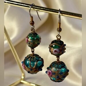 Vintage Green and Gold Glass Earrings
